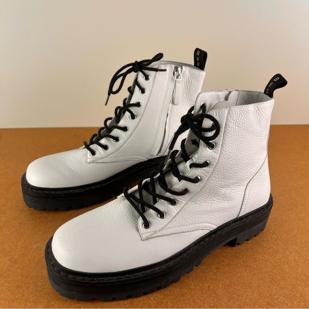 BLACK SUEDE STUDIO WHITE LEATHER COMBAT BOOTS - Picture 9 of 13